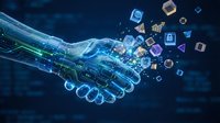 Digital handshake with floating tech icons representing AI partnership, blockchain technology, and cybersecurity collaboration in business.