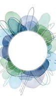 Abstract watercolor frame with organic shapes in blue and green tones, white circle space for text, modern botanical design for branding and marketing materials.