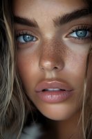 Close up portrait of young woman with natural freckles, blue eyes and blonde hair looking directly at camera with soft natural makeup and glowing skin.