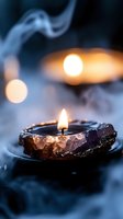 Burning candle with flame and smoke in dark atmospheric setting with warm bokeh lights creating cozy ambiance for relaxation and meditation.