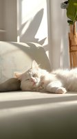 White fluffy cat sleeping peacefully in warm sunlight on couch, casting shadow on wall. Natural morning light creates cozy atmosphere for relaxing pet photography.