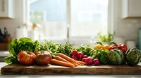 Fresh organic vegetables on wooden cutting board in bright kitchen with natural sunlight streaming through windows for healthy cooking and meal preparation.