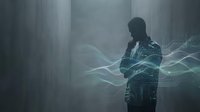 Man in plaid shirt surrounded by glowing digital waves and data streams in misty urban environment, representing technology, innovation, and digital transformation concepts.