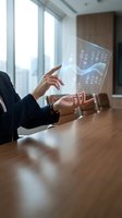Businesswoman interacting with a futuristic holographic interface in a modern conference room, showcasing advanced technology and digital innovation.
