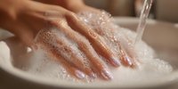 Woman washing hands with soap and water in white sink with bubbles and foam for hygiene and cleanliness routine in bathroom or kitchen setting.