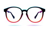 Round rainbow gradient eyeglass frames isolated on white background, featuring modern design with multicolored temples and rims for optical fashion and eyewear concepts.