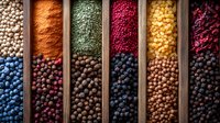 Colorful array of spices, peppercorns, and dried herbs in wooden compartments creating vibrant stripes of natural seasonings. Food background for culinary designs.