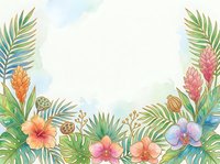 Watercolor tropical floral border with hibiscus, orchids, and palm leaves framing a white copy space for text or design.