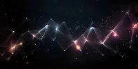 Abstract digital network visualization with glowing geometric lines and dots forming mountain-like peaks against dark starry background, modern futuristic technology concept.
