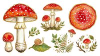 Fly agaric mushrooms with botanical elements isolated on white background, ready for design use on textiles, clipart, and creative projects.