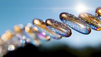 Glowing transparent capsules with sparkles and rainbow reflections floating in line against blue sky background, macro photography with bokeh effect.