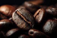 Macro shot of dark roasted coffee beans with visible texture and rich brown color, highlighting the central groove of a single bean.