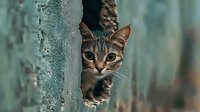 Curious tabby cat peeking through wooden fence gap with alert expression and bright eyes against blurred teal background, creating mysterious atmosphere.