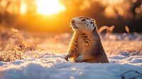 Ground squirrel standing in fresh snow at golden sunset, backlit by warm sunlight creating magical winter atmosphere in natural wildlife habitat.