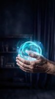 Elderly hands holding glowing blue energy sphere with magical particles in dark atmospheric setting for fantasy and spiritual concepts.