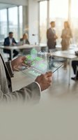 Businessman using tablet with holographic green energy sustainability display in modern office environment for eco-friendly business planning and development.