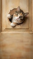 Tabby and white cat peeking through hole in wooden door with curious expression, suitable for pet, humor, and animal-related content.