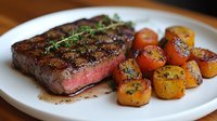 Juicy grilled ribeye steak cooked medium rare with fresh thyme and roasted cherry tomatoes served on white plate, close up view of gourmet dinner preparation.