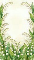 Watercolor lily of the valley floral frame with white bell flowers and green leaves, soft cream background with copy space for text.