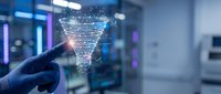 Hand pointing at glowing digital funnel with data network visualization in modern server room environment for business analytics and technology concepts.