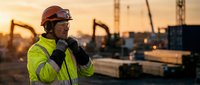 Construction worker in safety gear using radio communication at sunset on active building site with heavy machinery and equipment in background.