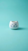 Cute white ceramic cat face mug with blue whiskers and closed eyes on turquoise background for home decor and kitchenware design.