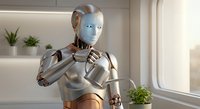 Humanoid robot with glowing blue eyes holding coffee cup in modern kitchen interior with plants and natural lighting for technology concepts.