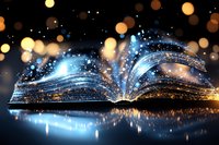 Magical glowing open book with sparkling blue light and golden bokeh effects reflecting on dark surface, fantasy literature concept for book covers and designs.
