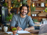 Middle Eastern man with beard wearing grey sweater smiling while writing in notebook at wooden desk with coffee cup and plants in cozy home office or cafe interior.