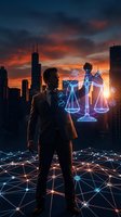 Professional businessman silhouette with glowing digital justice scales hologram against dramatic sunset city skyline for legal technology concepts.