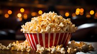 Fresh popcorn overflowing in classic red and white striped container against dark background with golden bokeh lights, creating festive cinema atmosphere.