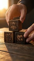 Hands arranging wooden blocks with healthcare icons including doctor, brain, and heart symbols on rustic table with warm sunlight for medical concepts.