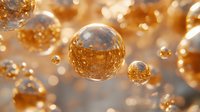 Floating golden spheres with reflective surfaces against blurred bokeh background create magical atmosphere for luxury design and festive concepts.