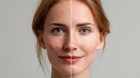 Before and after skin treatment comparison showing young Caucasian woman with acne, blemishes, and uneven skin tone transformed to clear, smooth complexion.