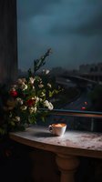 Cup of cappuccino with latte art on wooden windowsill, fresh flower bouquet with white and red blooms, moody dark atmosphere, city lights bokeh.