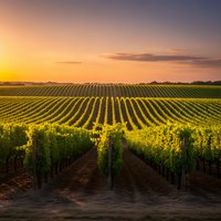 Vineyard rows stretch across rolling hills at golden hour sunset, creating dramatic agricultural landscape for wine industry and farming concepts.