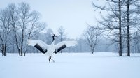Elegant red-crowned crane dancing in snowy winter landscape with bare trees. Graceful bird with outstretched wings performing courtship display in pristine white snow.