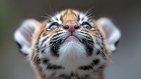 Close-up portrait of adorable tiger cub with blue eyes looking upward, showcasing detailed facial features and whiskers against blurred background.