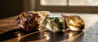 Raw gemstones and crystals collection on wooden surface with natural sunlight creating warm reflections for jewelry making and mineral collecting hobby.