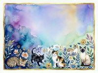 Watercolor cats and flowers border frame with copy space, soft purple blue green tones, gold accents, floral botanical art for cards and prints.