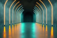 Futuristic corridor with glowing neon arches reflecting on wet floor surface, illuminated in turquoise and golden lights creating symmetrical perspective tunnel effect.