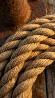 Thick braided rope with weathered texture coiled against rustic wooden surface in warm golden light for nautical and maritime themed projects.