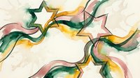 Abstract watercolor ribbons flowing in green pink yellow creating dynamic movement with star shapes for modern design backgrounds and creative projects.