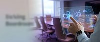 Businessman hand touching digital holographic display with analytics charts and graphs in modern office conference room environment for data visualization and business intelligence.