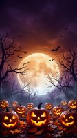 Spooky Halloween night scene with glowing jack-o-lantern pumpkins under full moon, bare trees and flying bats creating eerie atmospheric backdrop.