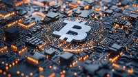 Glowing bitcoin symbol integrated into circuit board with orange illuminated microchips and electronic components creating futuristic cryptocurrency mining concept.