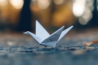 White paper origami crane on textured ground with soft bokeh background in warm autumn tones creates peaceful artistic composition.
