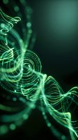 Abstract green energy waves with glowing light trails and bokeh effects on dark background for technology and digital design projects.