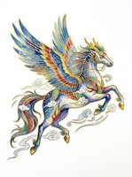 Ornate winged horse with intricate decorative patterns in blue, gold, and red, isolated on transparent background. Ready for t-shirts, stickers, clipart, and print-on-demand designs.