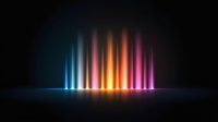 Vibrant glowing light beams in rainbow colors rising from dark surface with reflection, creating atmospheric abstract background effect for modern design projects.